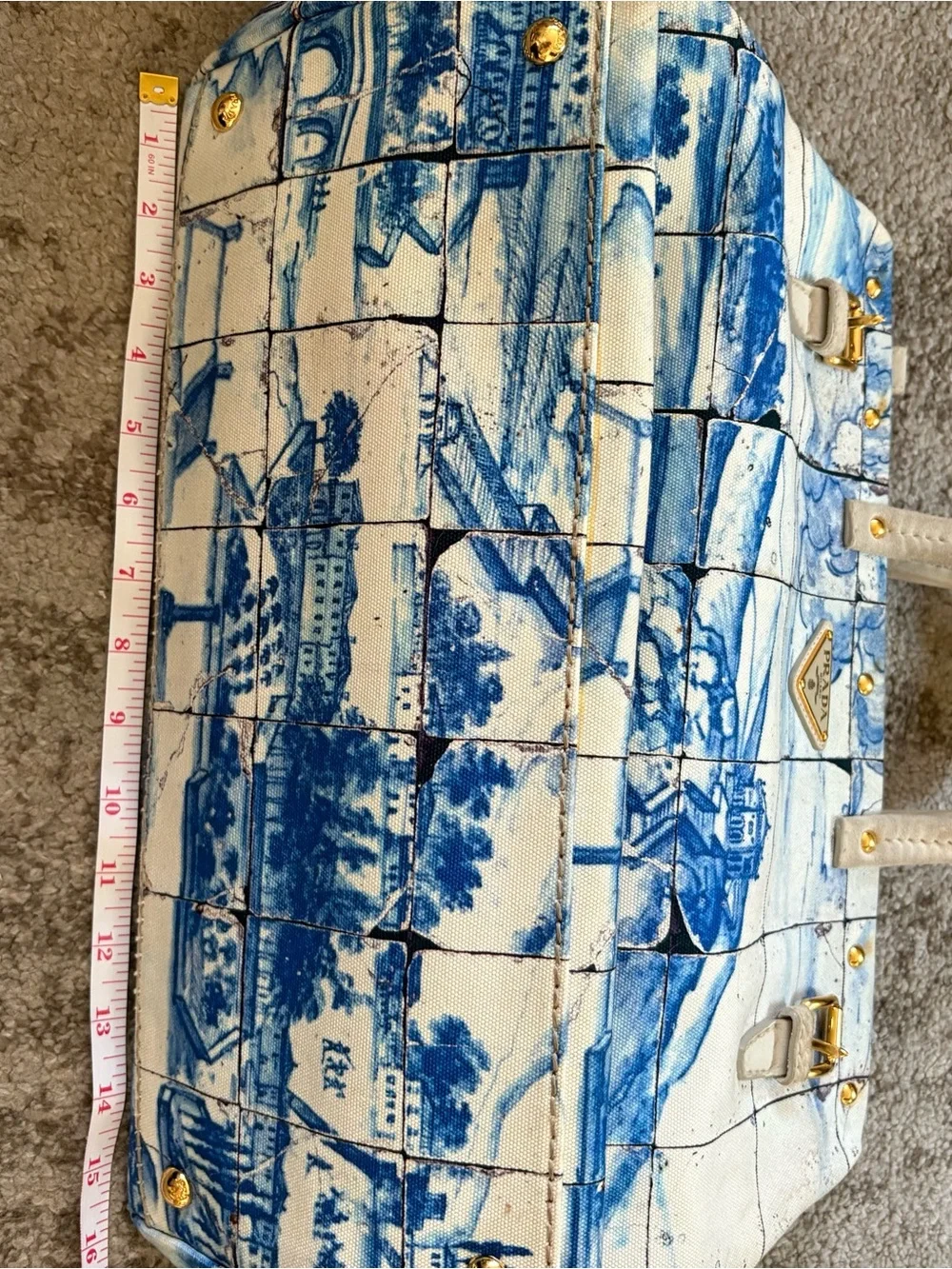 Prada Blue and White Scenic Satchel with Cream Handles